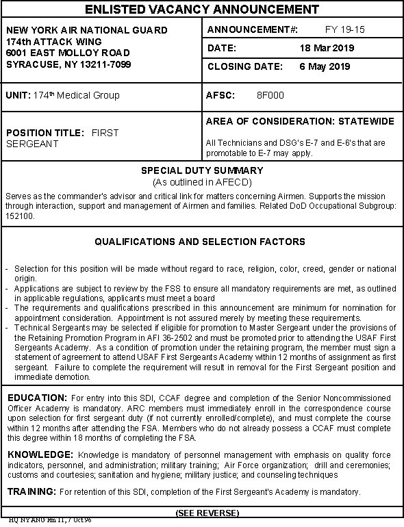 ENLISTED VACANCY ANNOUNCEMENT NEW YORK AIR NATIONAL GUARD 174 th ATTACK WING 6001 EAST