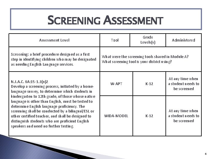 SCREENING ASSESSMENT Assessment Level Screening: a brief procedure designed as a first step in