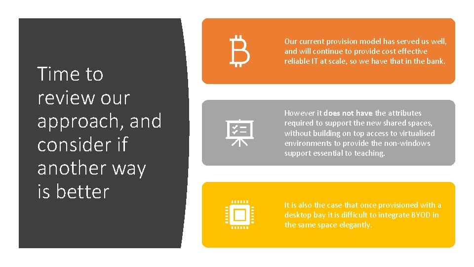Time to review our approach, and consider if another way is better Our current