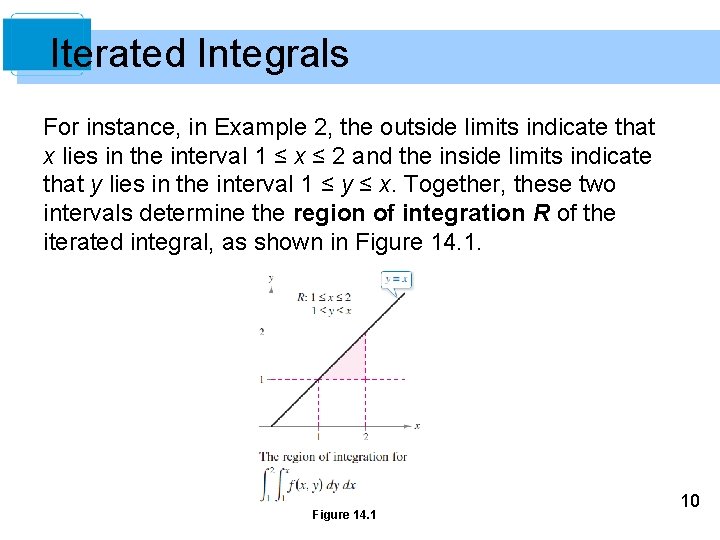 Iterated Integrals For instance, in Example 2, the outside limits indicate that x lies