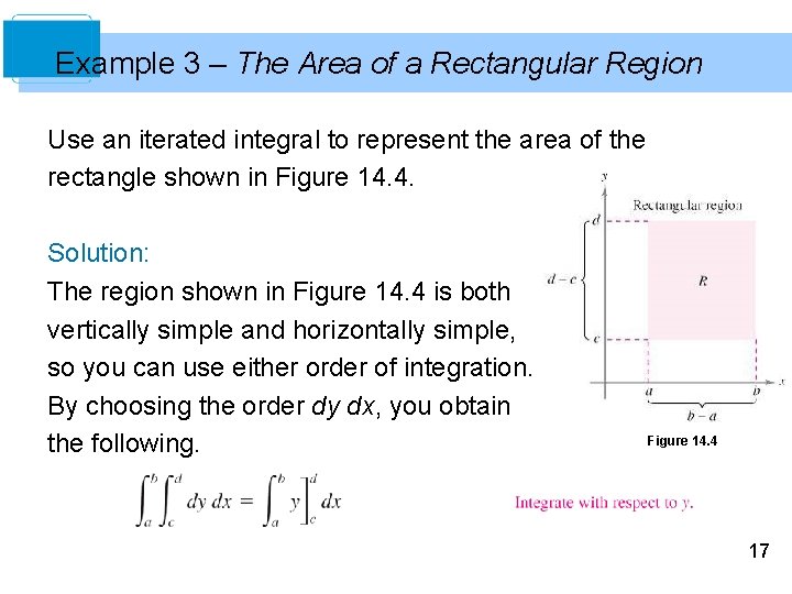 Example 3 – The Area of a Rectangular Region Use an iterated integral to