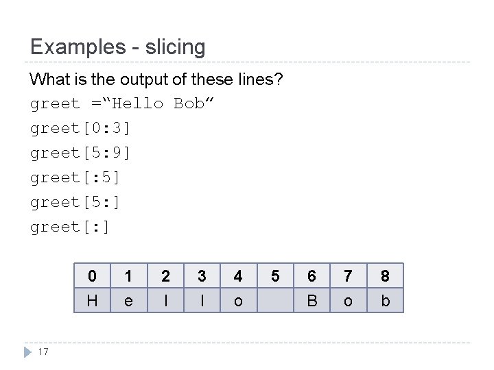 Examples - slicing What is the output of these lines? greet =“Hello Bob” greet[0: