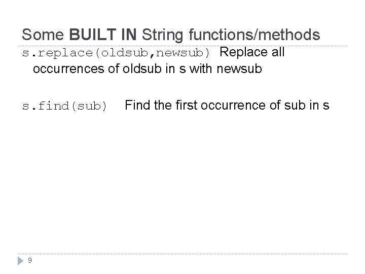 Some BUILT IN String functions/methods s. replace(oldsub, newsub) Replace all occurrences of oldsub in