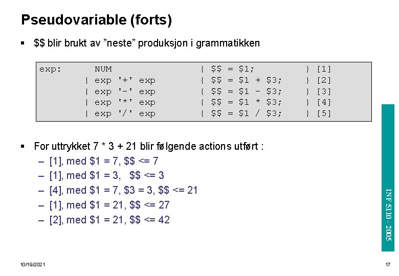 Pseudovariable (forts) § $$ blir brukt av ”neste” produksjon i grammatikken exp: '+' '-'