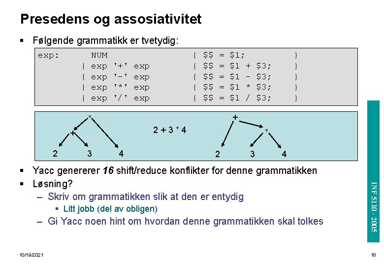 Presedens og assosiativitet § Følgende grammatikk er tvetydig: exp: | | NUM exp exp