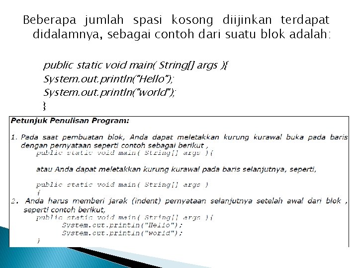 Beberapa jumlah spasi kosong diijinkan terdapat didalamnya, sebagai contoh dari suatu blok adalah: public Beberapa jumlah spasi kosong diijinkan terdapat didalamnya, sebagai contoh dari suatu blok adalah: public