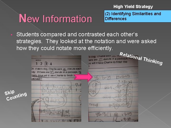 High Yield Strategy New Information • (2) Identifying Similarities and Differences Students compared and