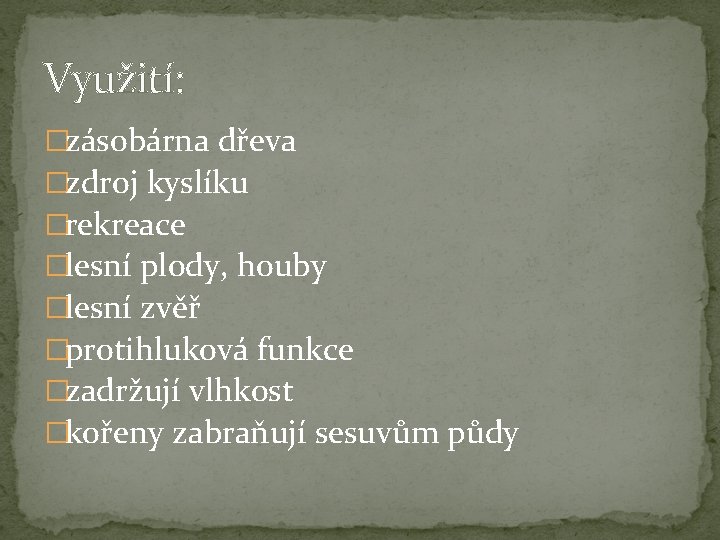 Využití: �zásobárna dřeva �zdroj kyslíku �rekreace �lesní plody, houby �lesní zvěř �protihluková funkce �zadržují