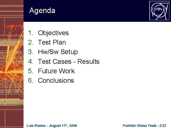 Agenda 1. 2. 3. 4. 5. 6. Objectives Test Plan Hw/Sw Setup Test Cases