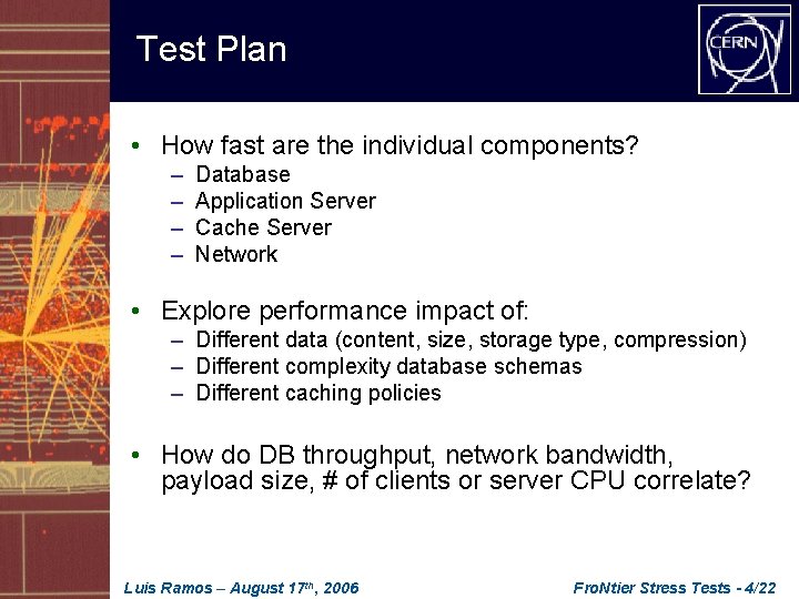 Test Plan • How fast are the individual components? – – Database Application Server