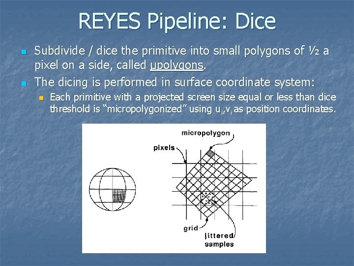 REYES Pipeline: Dice n n Subdivide / dice the primitive into small polygons of