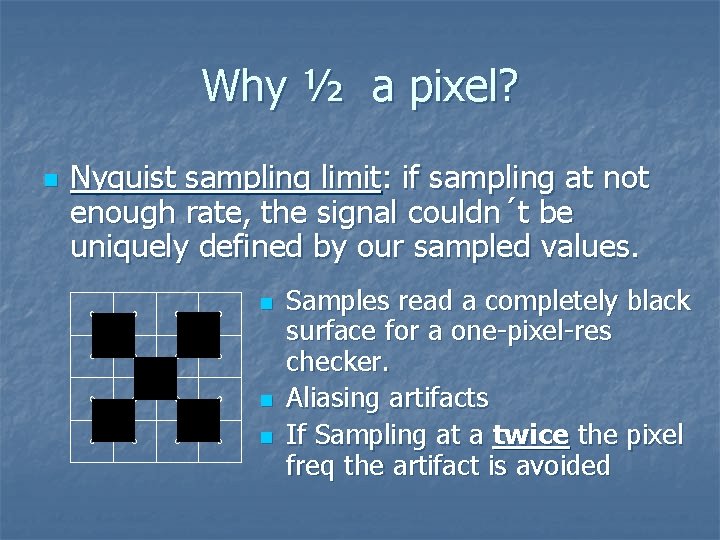 Why ½ a pixel? n Nyquist sampling limit: if sampling at not enough rate,