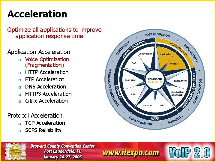 Acceleration Optimize all applications to improve application response time Application Acceleration o o o