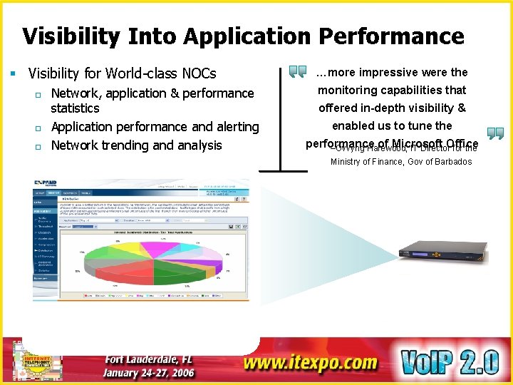 Visibility Into Application Performance § Visibility for World-class NOCs o o o Network, application