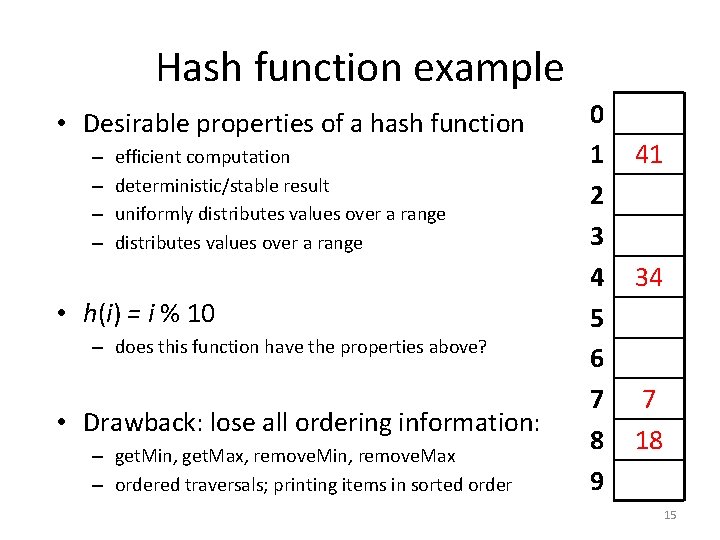 Hash function example • Desirable properties of a hash function – – efficient computation