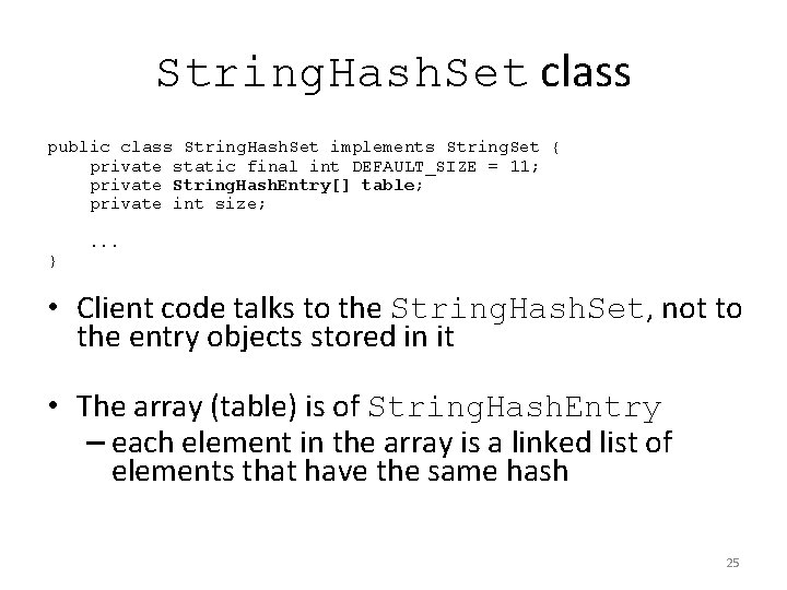 String. Hash. Set class public class String. Hash. Set implements String. Set { private