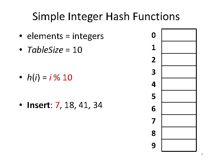 Simple Integer Hash Functions • elements = integers • Table. Size = 10 •