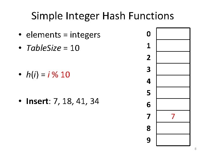 Simple Integer Hash Functions • elements = integers • Table. Size = 10 •