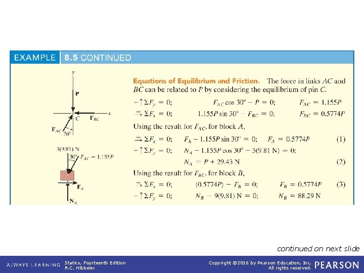 example_08_05 (continued) continued on next slide Statics, Fourteenth Edition R. C. Hibbeler Copyright ©