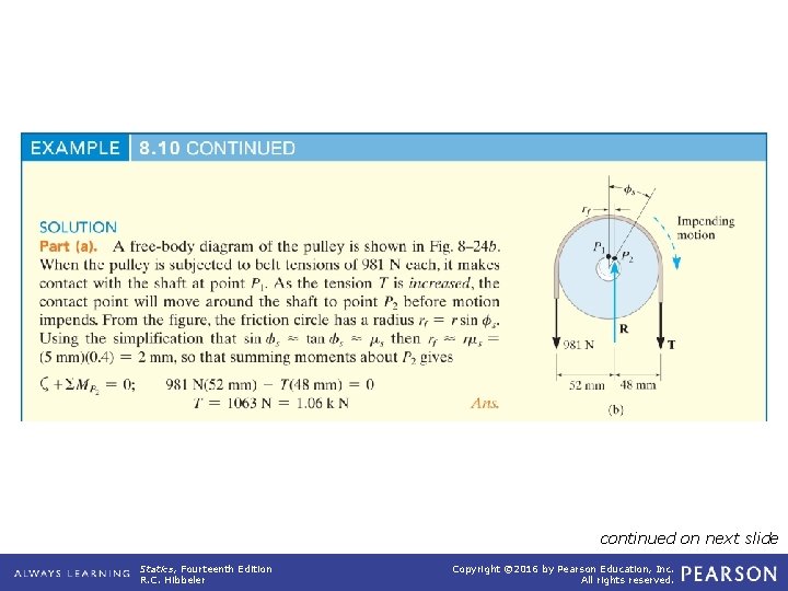 example_08_10 (continued) continued on next slide Statics, Fourteenth Edition R. C. Hibbeler Copyright ©
