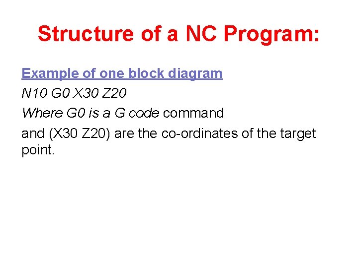 Structure of a NC Program: Example of one block diagram N 10 G 0