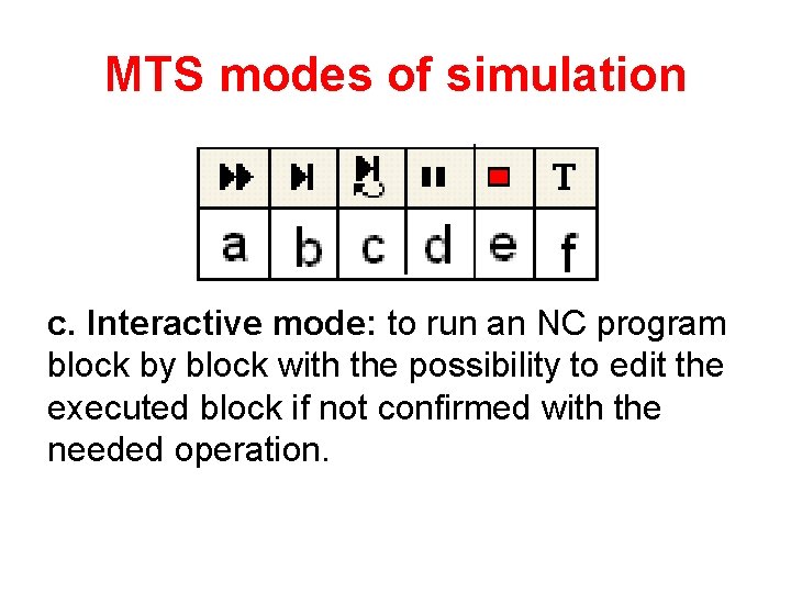 MTS modes of simulation c. Interactive mode: to run an NC program block by
