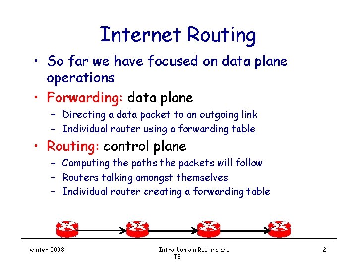 Internet Routing • So far we have focused on data plane operations • Forwarding: