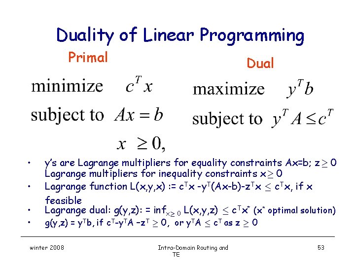 Duality of Linear Programming Primal • • Dual y’s are Lagrange multipliers for equality