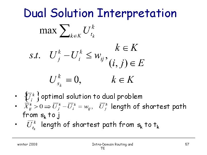 Dual Solution Interpretation • • optimal solution to dual problem length of shortest path