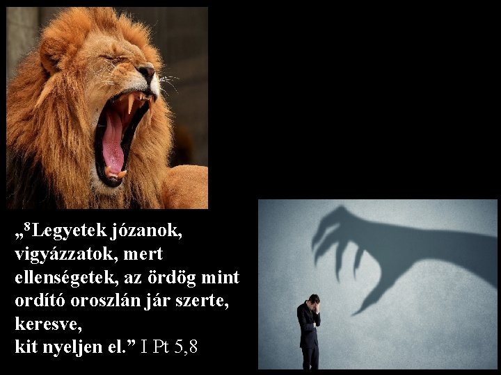 „ 8 Legyetek józanok, vigyázzatok, mert ellenségetek, az ördög mint ordító oroszlán jár szerte,