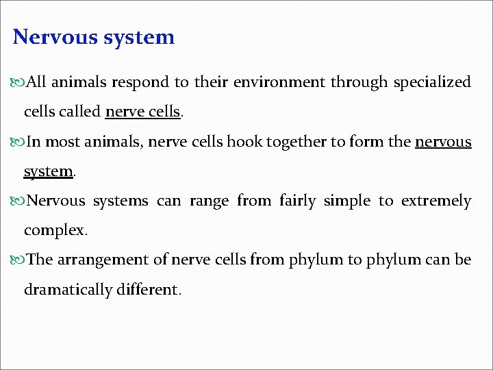 Nervous system All animals respond to their environment through specialized cells called nerve cells.