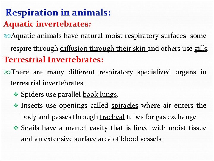 Respiration in animals: Aquatic invertebrates: Aquatic animals have natural moist respiratory surfaces. some respire