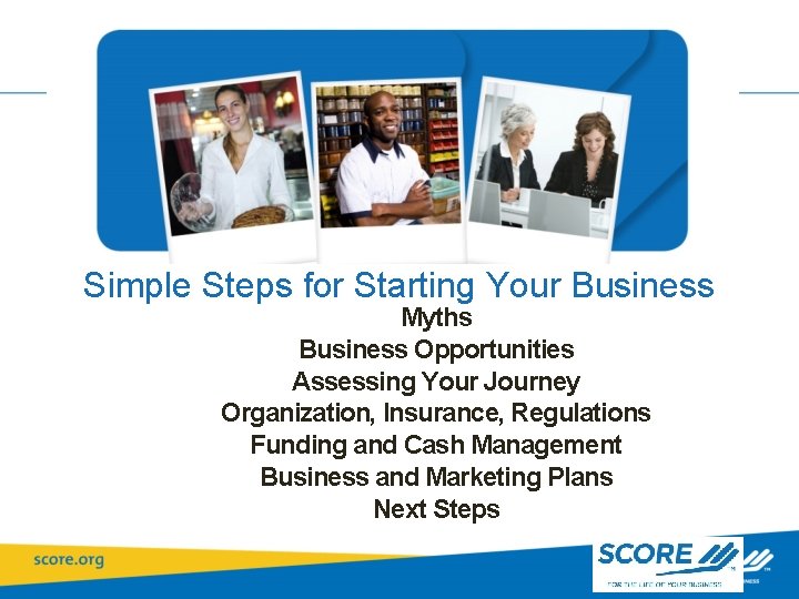 Simple Steps for Starting Your Business Myths Business Opportunities Assessing Your Journey Organization, Insurance,