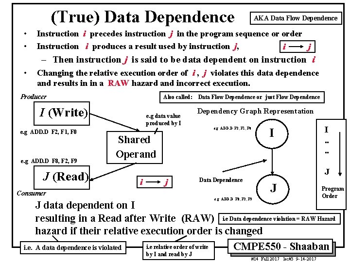 (True) Data Dependence • • AKA Data Flow Dependence Instruction i precedes instruction j