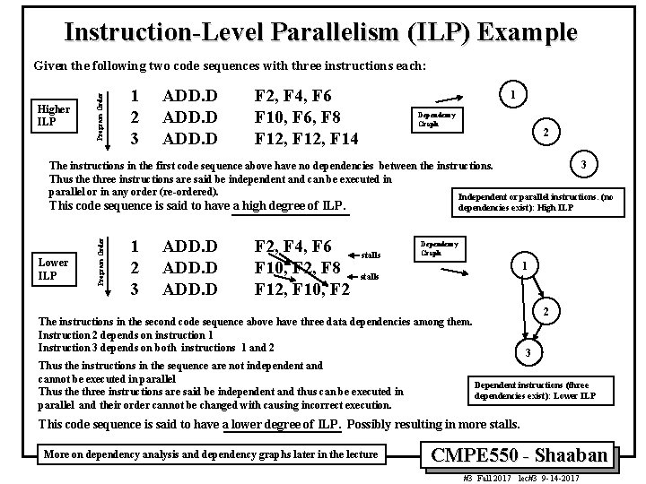 Instruction-Level Parallelism (ILP) Example Higher ILP Program Order Given the following two code sequences