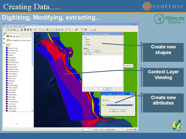 Creating Data…. Digitizing, Modifying, extracting… Create new shapes Context Layer Viewing Create new attributes