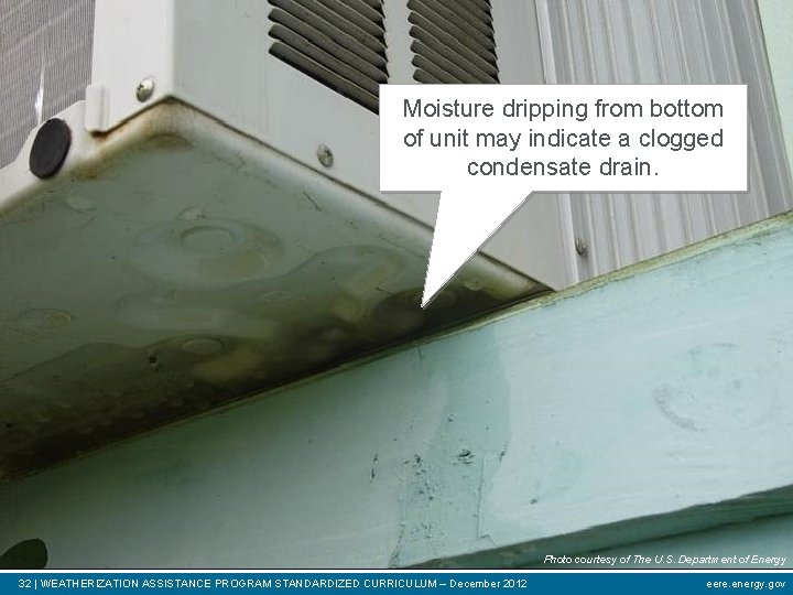 Moisture dripping from bottom of unit may indicate a clogged condensate drain. Photo courtesy