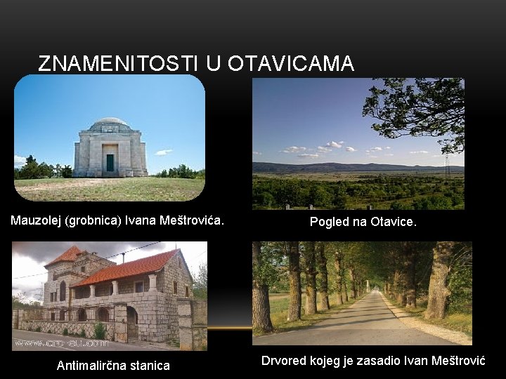 ZNAMENITOSTI U OTAVICAMA Mauzolej (grobnica) Ivana Meštrovića. Antimalirčna stanica Pogled na Otavice. Drvored kojeg