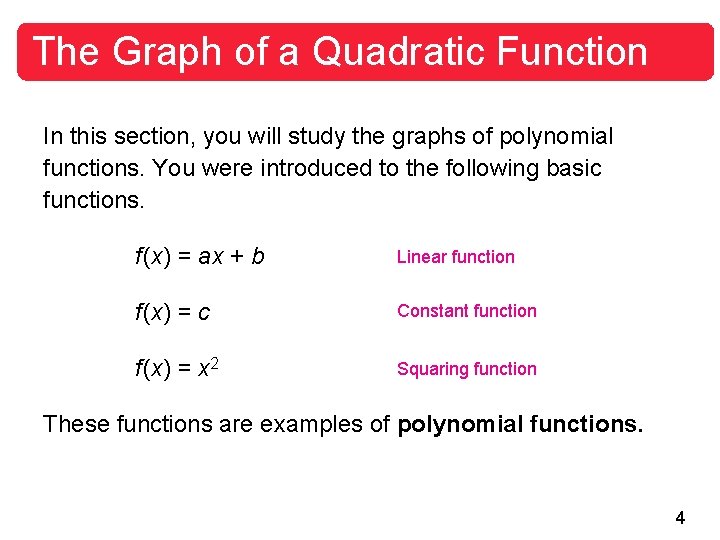 The Graph of a Quadratic Function In this section, you will study the graphs