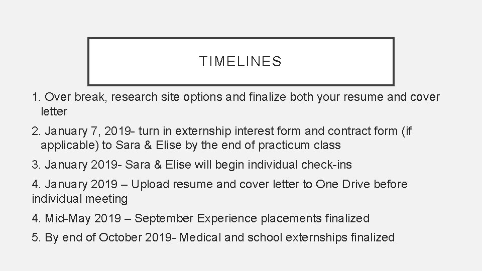 TIMELINES 1. Over break, research site options and finalize both your resume and cover