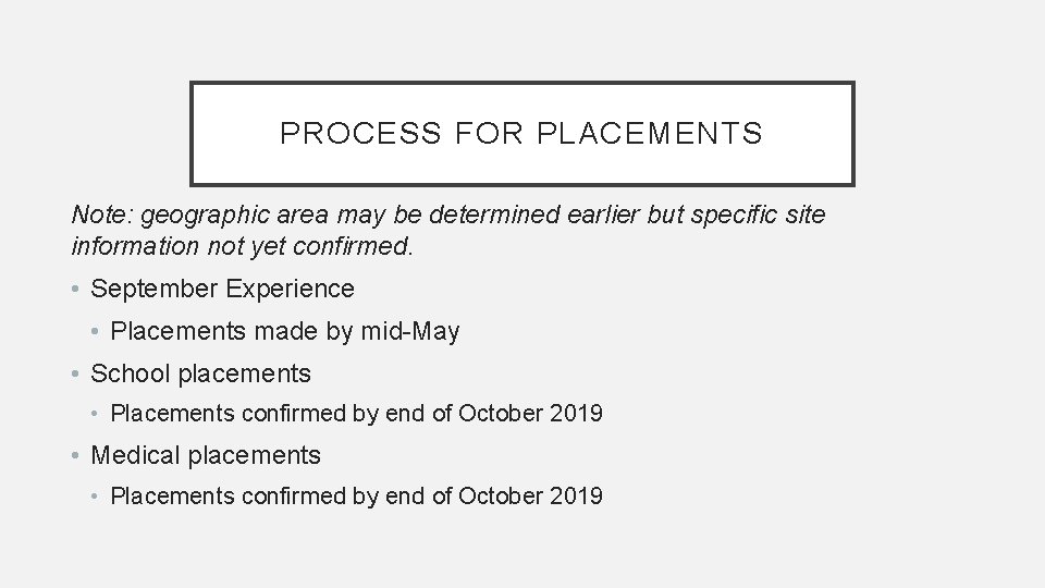 PROCESS FOR PLACEMENTS Note: geographic area may be determined earlier but specific site information