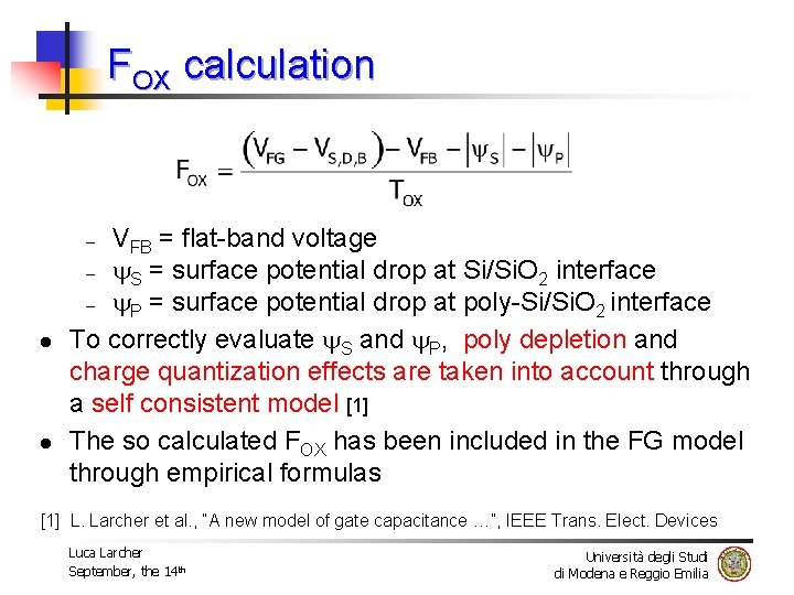 FOX calculation VFB = flat-band voltage – S = surface potential drop at Si/Si.