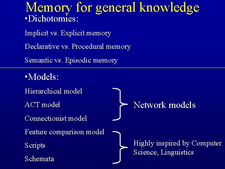 Memory for general knowledge • Dichotomies: Implicit vs. Explicit memory Declarative vs. Procedural memory