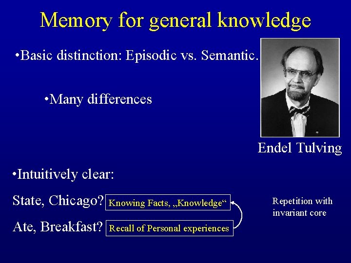 Memory for general knowledge • Basic distinction: Episodic vs. Semantic. • Many differences Endel