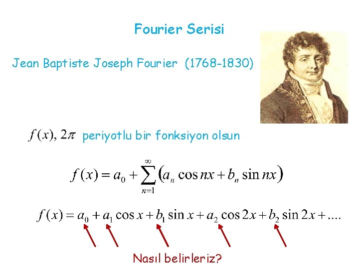 Fourier Serisi Jean Baptiste Joseph Fourier (1768 -1830) periyotlu bir fonksiyon olsun Nasıl belirleriz?