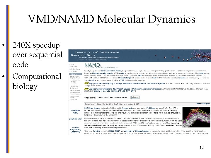 VMD/NAMD Molecular Dynamics • 240 X speedup over sequential code • Computational biology 12