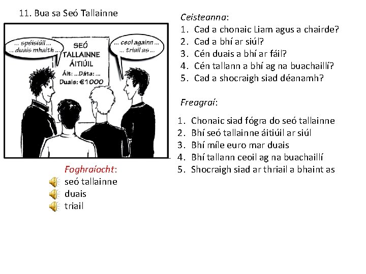 11. Bua sa Seó Tallainne Ceisteanna: 1. Cad a chonaic Liam agus a chairde?