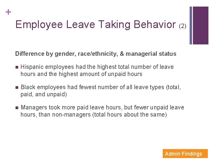 + Employee Leave Taking Behavior (2) Difference by gender, race/ethnicity, & managerial status n