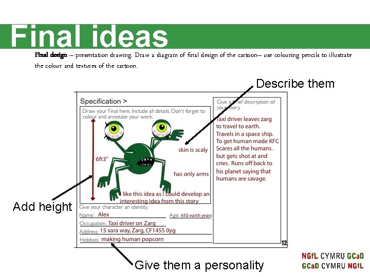 Final ideas Final design – presentation drawing. Draw a diagram of final design of