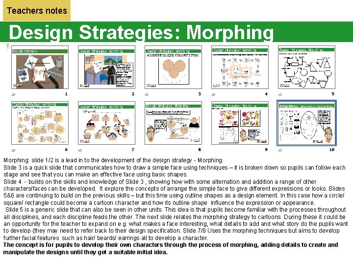 Teachers notes Design Strategies: Morphing: slide 1/2 is a lead in to the development